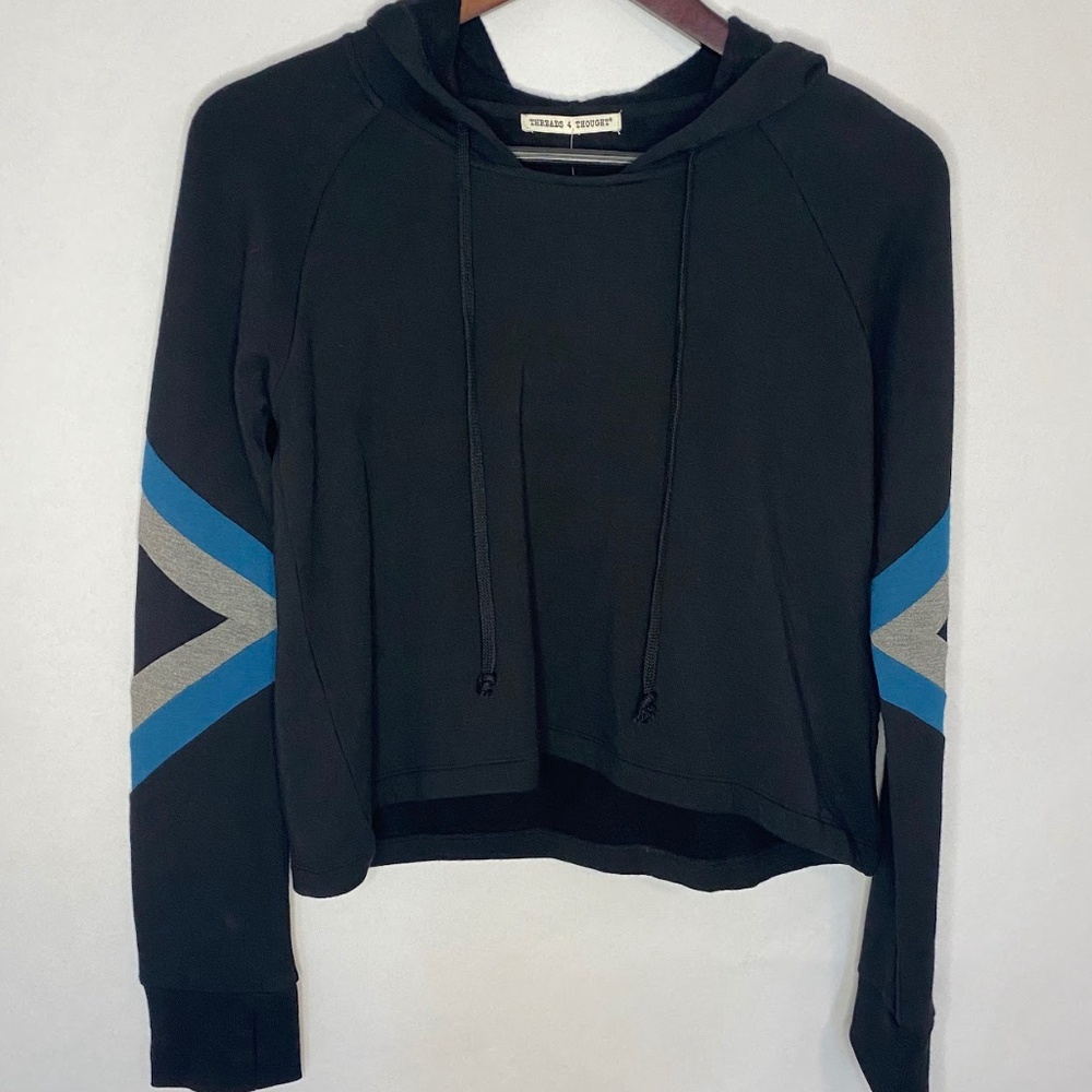 Threads 4 Thought Black Hoodie with Blue and Gray Sleeve Stripes